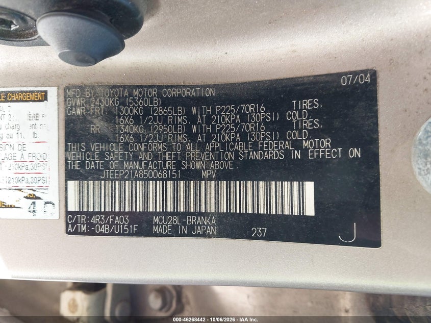 TOYOTA HIGHLANDER 2005 VIN JTEEP21A850068151