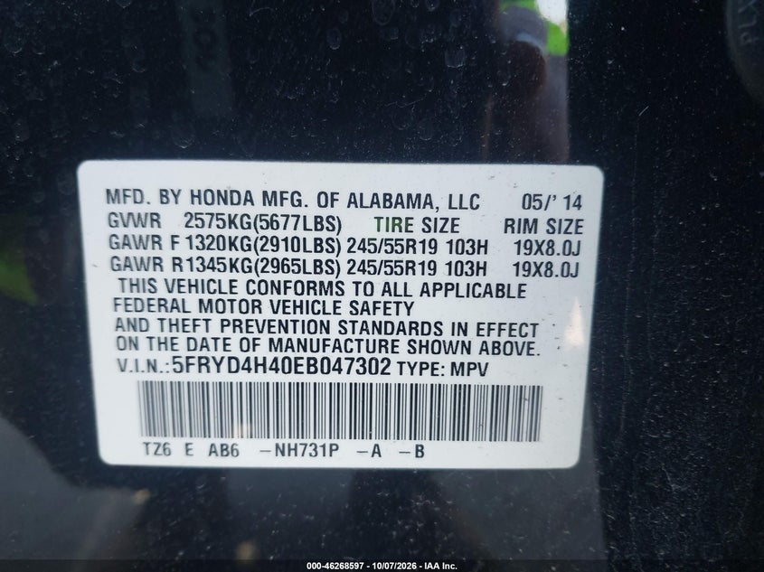 ACURA MDX 2014 VIN 5FRYD4H40EB047302