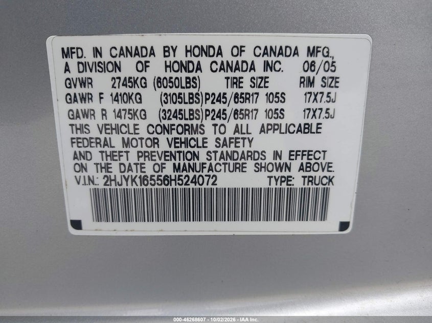 HONDA RIDGELINE 2006 VIN 2HJYK16556H524072