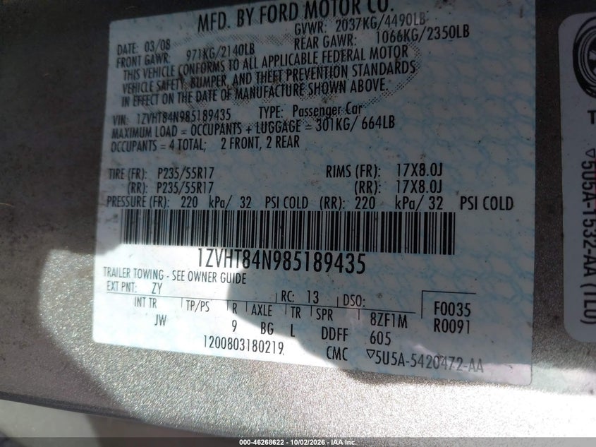 FORD MUSTANG 2008 VIN 1ZVHT84N985189435