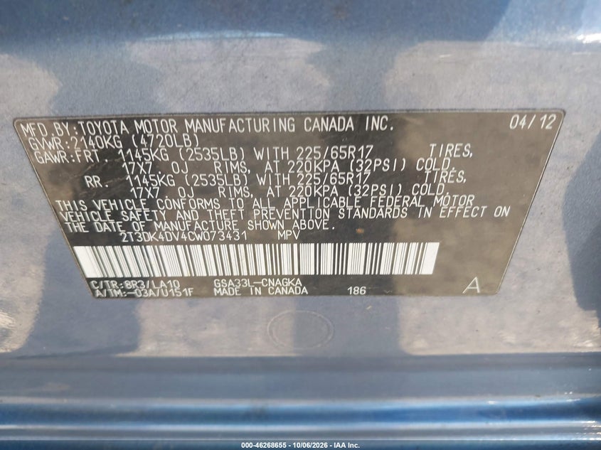 TOYOTA RAV4 2012 VIN 2T3DK4DV4CW073431