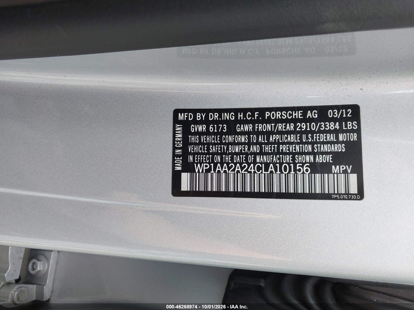 PORSCHE CAYENNE 2012 VIN WP1AA2A24CLA10156