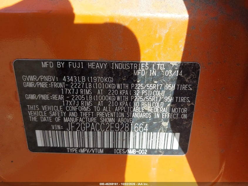 SUBARU XV CROSSTREK 2014 VIN JF2GPACC2E9281664