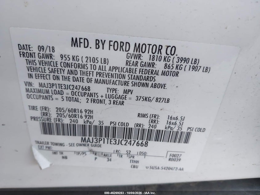 FORD ECOSPORT 2018 VIN MAJ3P1TE3JC247668
