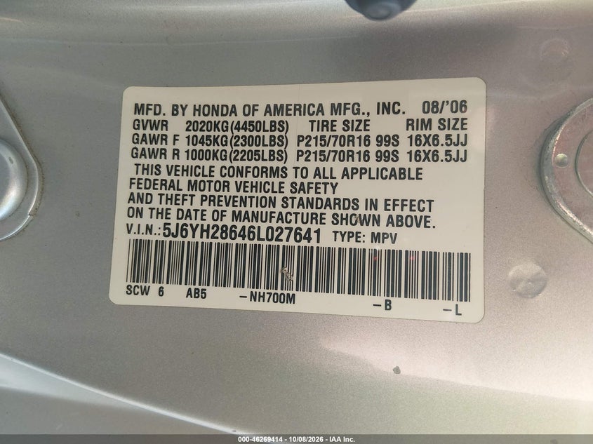 HONDA ELEMENT 2006 VIN 5J6YH28646L027641