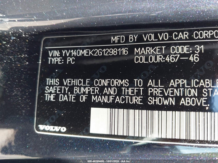 VOLVO V60 2016 VIN YV140MEK2G1298116