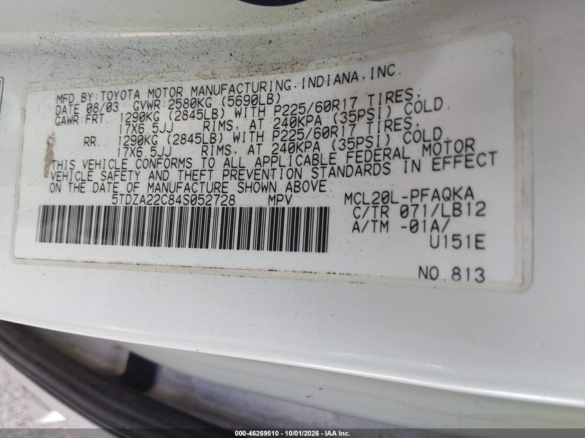 TOYOTA SIENNA 2004 VIN 5TDZA22C84S052728