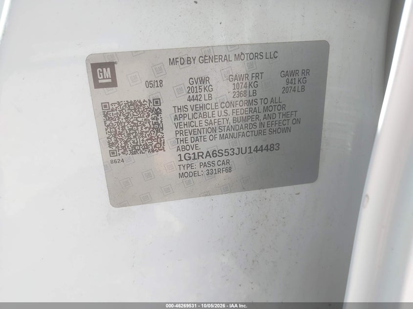 CHEVROLET VOLT 2018 VIN 1G1RA6S53JU144483