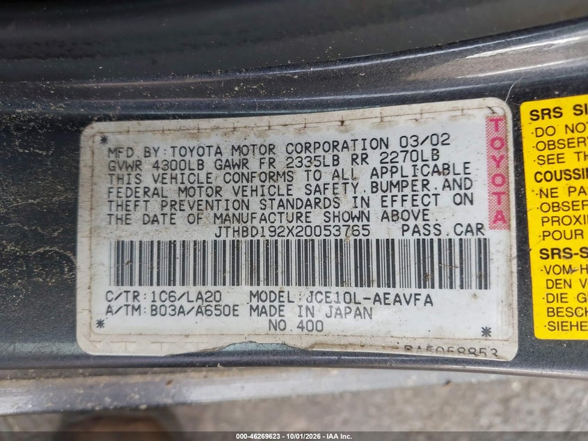 LEXUS IS 300 2002 VIN JTHBD192X20053765