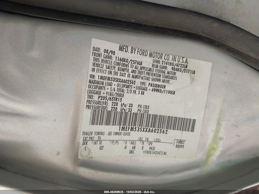 MERCURY SABLE 1999 VIN 1MEFM53SXXA602562
