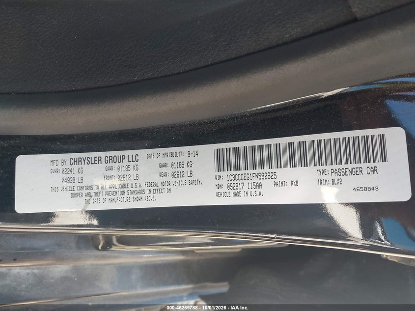 CHRYSLER 200 2015 VIN 1C3CCCEG1FN592925