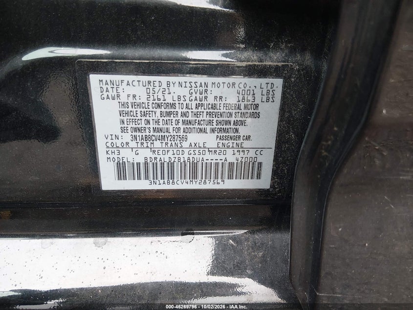 NISSAN SENTRA 2021 VIN 3N1AB8CV4MY287569