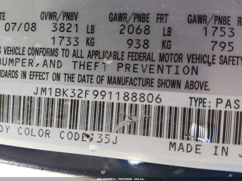 MAZDA MAZDA3 2009 VIN JM1BK32F991188806