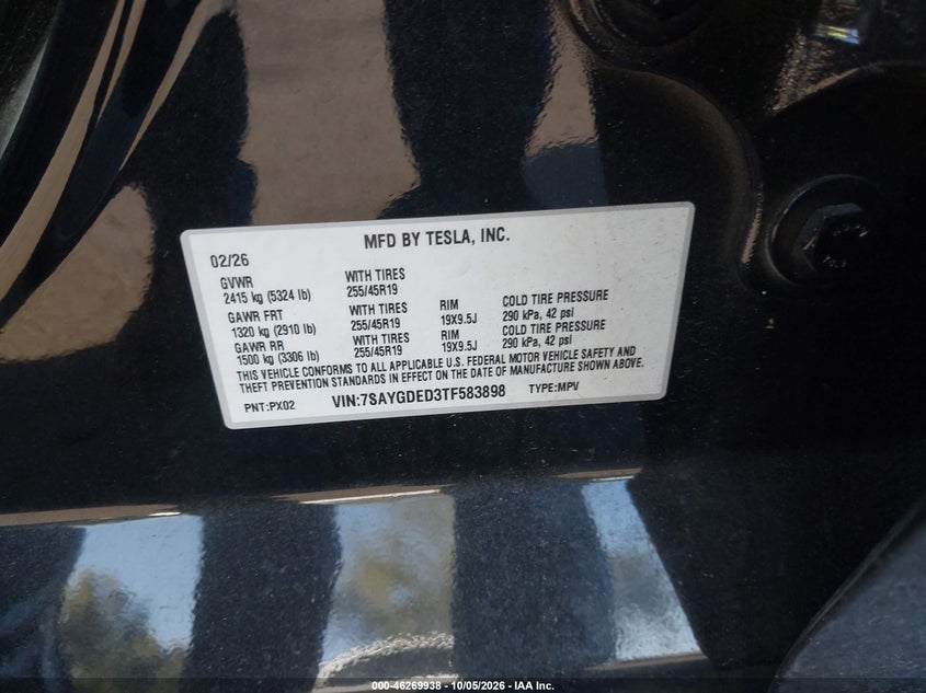 TESLA MODEL Y 2026 VIN 7SAYGDED3TF583898