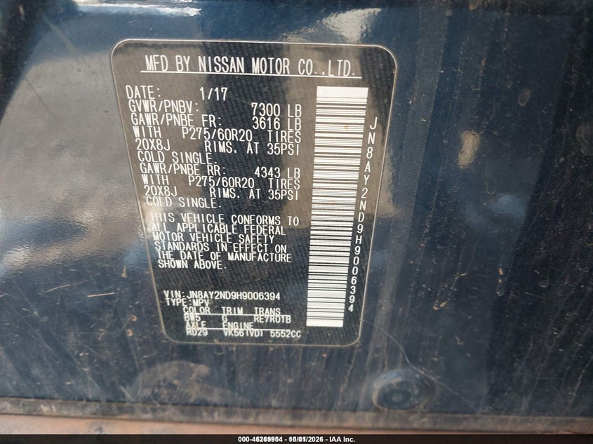 NISSAN ARMADA 2017 VIN JN8AY2ND9H9006394