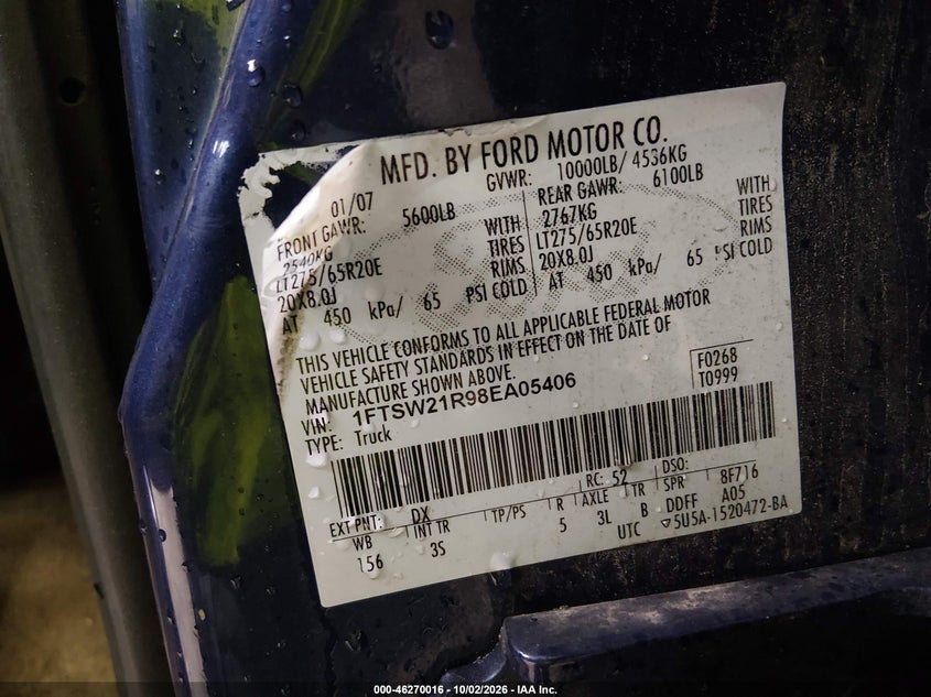 FORD F-250 2008 VIN 1FTSW21R98EA05406