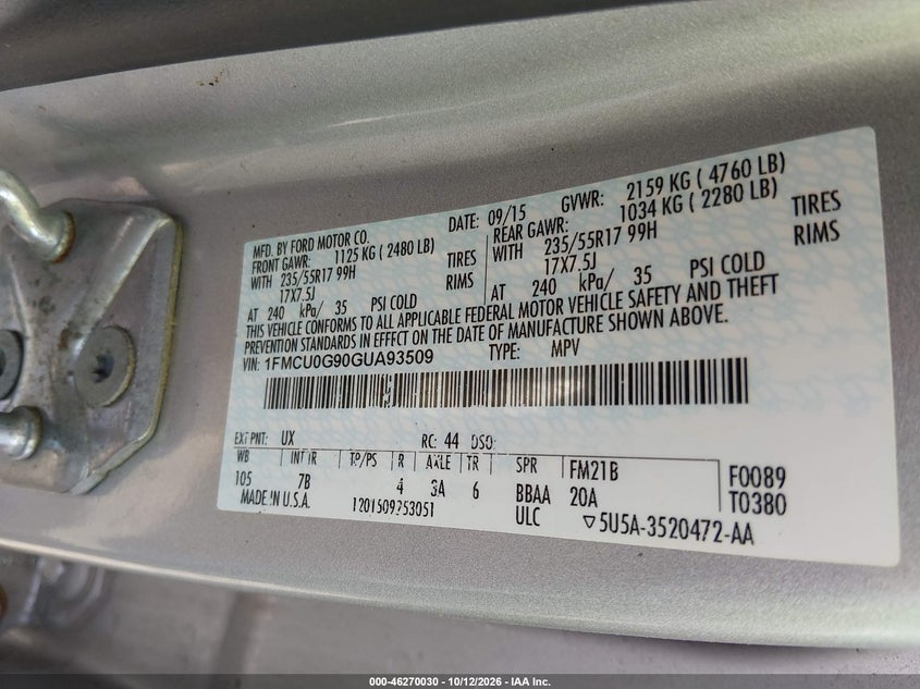 FORD ESCAPE 2016 VIN 1FMCU0G90GUA93509