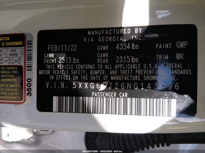 KIA K5 2022 VIN 5XXG64J26NG143996