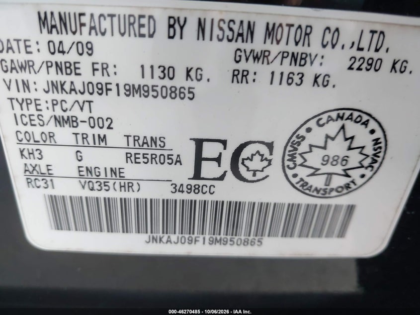 INFINITI EX35 2009 VIN JNKAJ09F19M950865