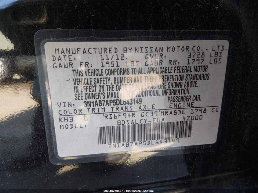 NISSAN SENTRA 2013 VIN 3N1AB7AP5DL643149