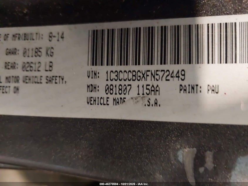 CHRYSLER 200 2015 VIN 1C3CCCBGXFN572449