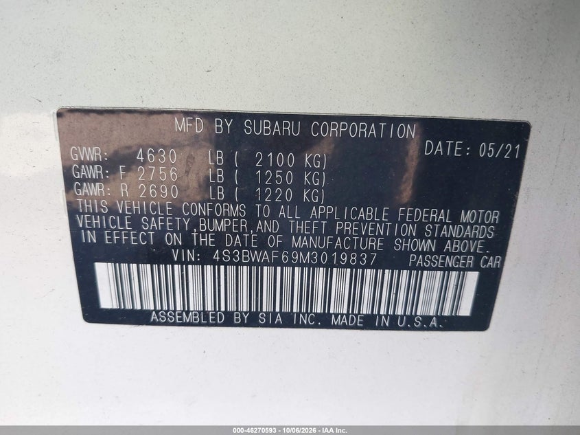 SUBARU LEGACY 2021 VIN 4S3BWAF69M3019837