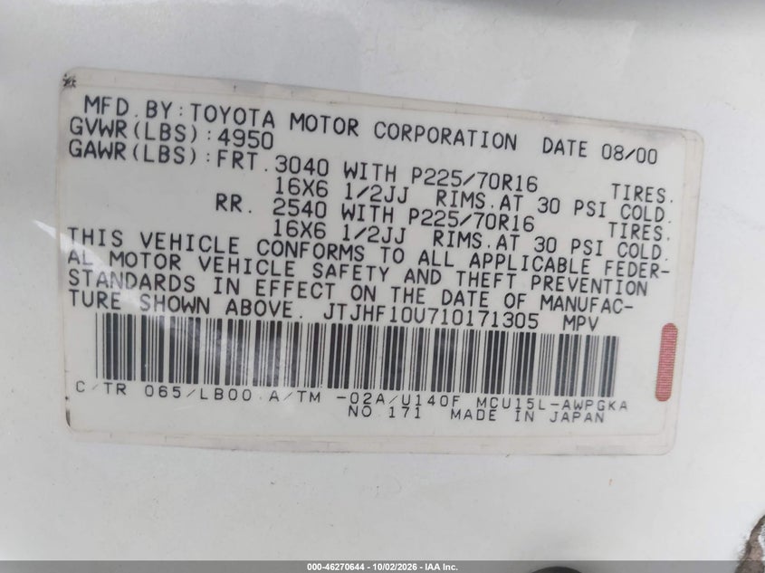 LEXUS RX 300 2001 VIN JTJHF10U710171305