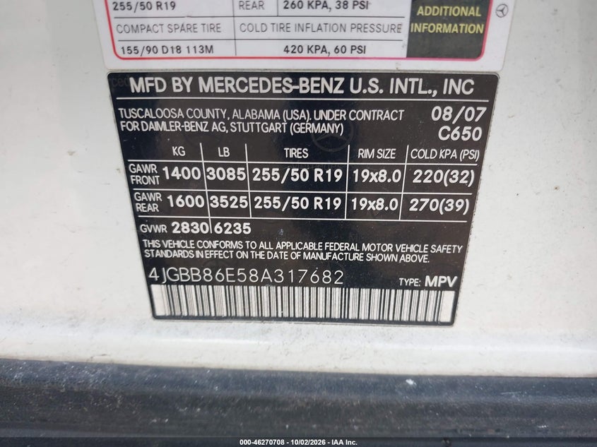 MERCEDES-BENZ ML 350 2008 VIN 4JGBB86E58A317682