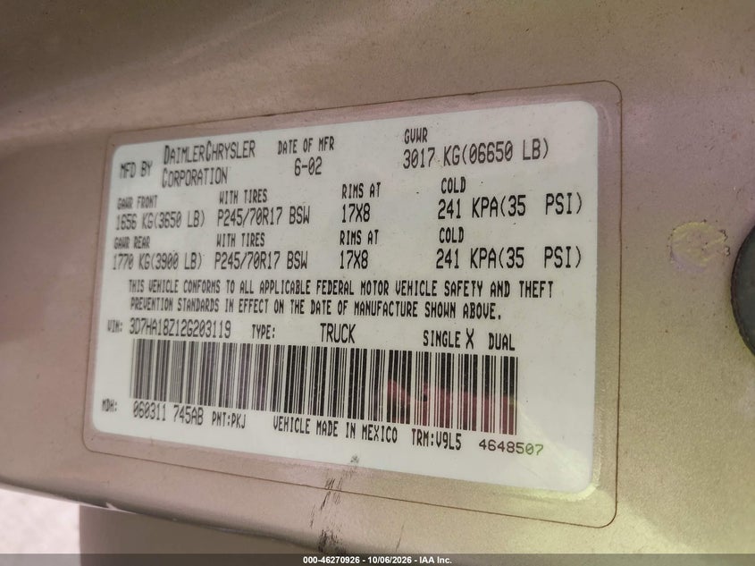DODGE RAM 1500 2002 VIN 3D7HA18Z12G203119