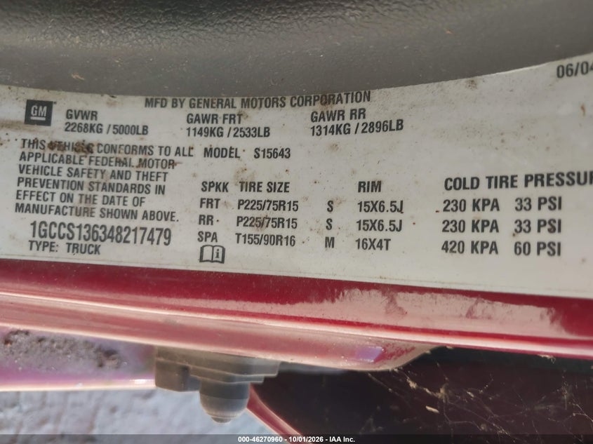 CHEVROLET COLORADO 2004 VIN 1GCCS136348217479