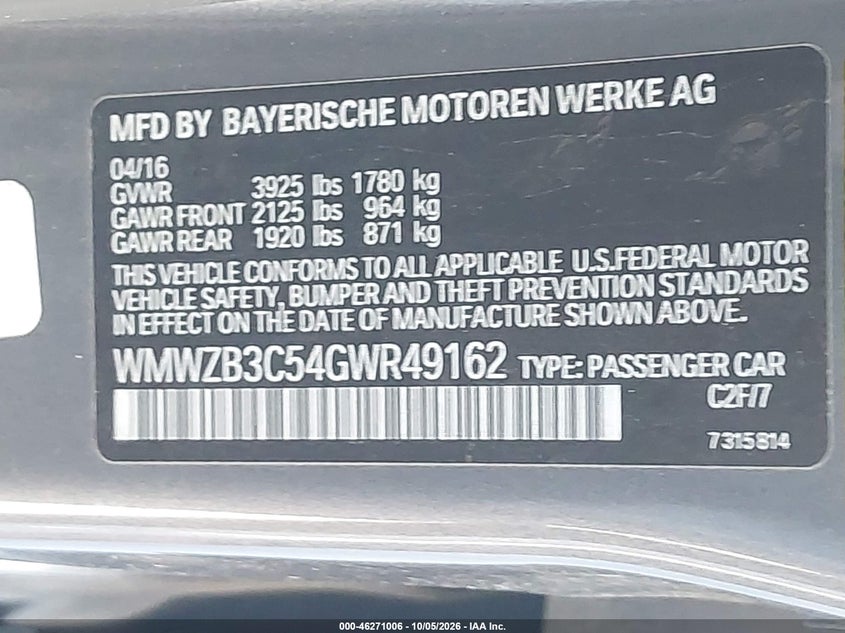 MINI COUNTRYMAN 2016 VIN WMWZB3C54GWR49162