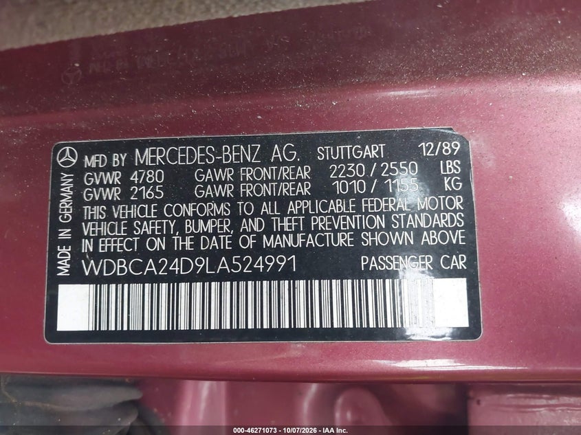 MERCEDES-BENZ 300 1990 VIN WDBCA24D9LA524991