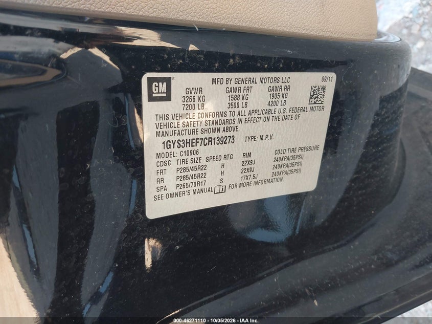 CADILLAC ESCALADE ESV 2012 VIN 1GYS3HEF7CR139273