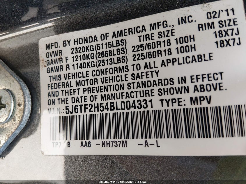 HONDA ACCORD CROSSTOUR 2011 VIN 5J6TF2H54BL004331