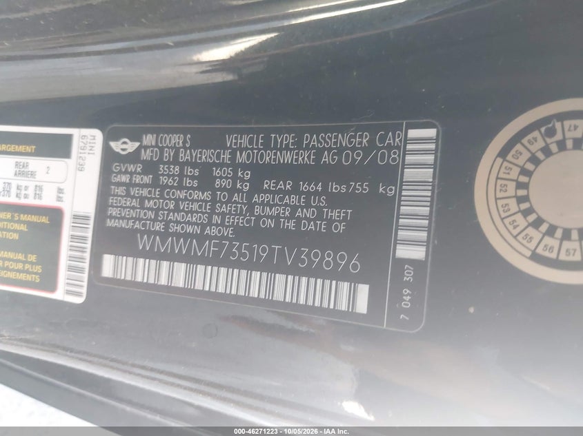 MINI COOPER 2009 VIN WMWMF73519TV39896