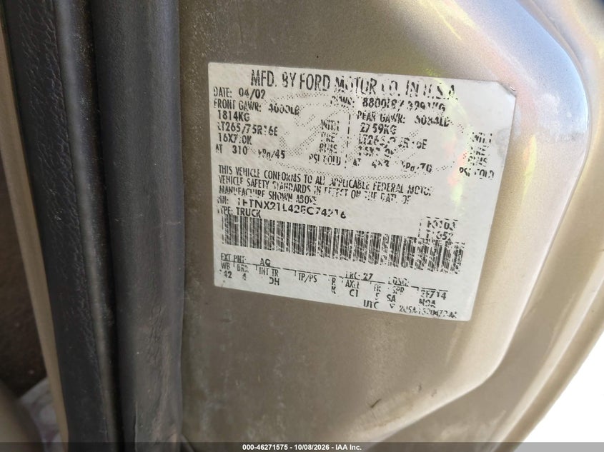 FORD F-250 2002 VIN 1FTNX21L42EC74216