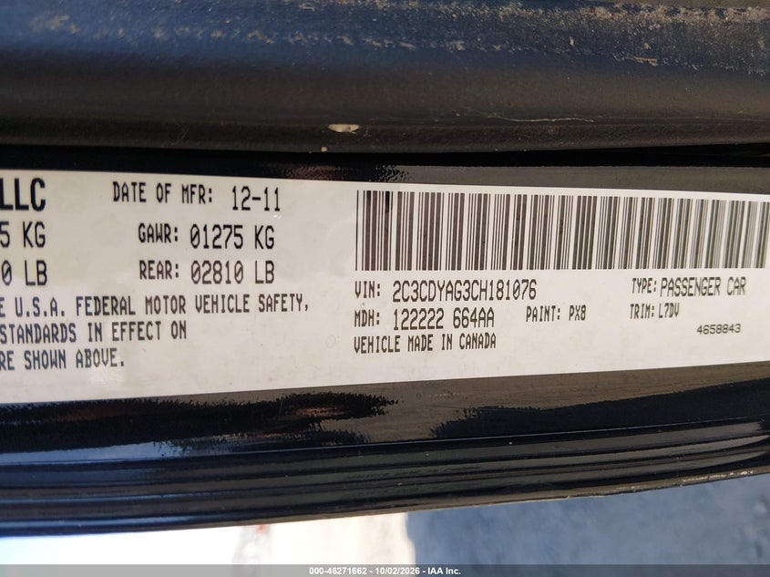 DODGE CHALLENGER 2012 VIN 2C3CDYAG3CH181076