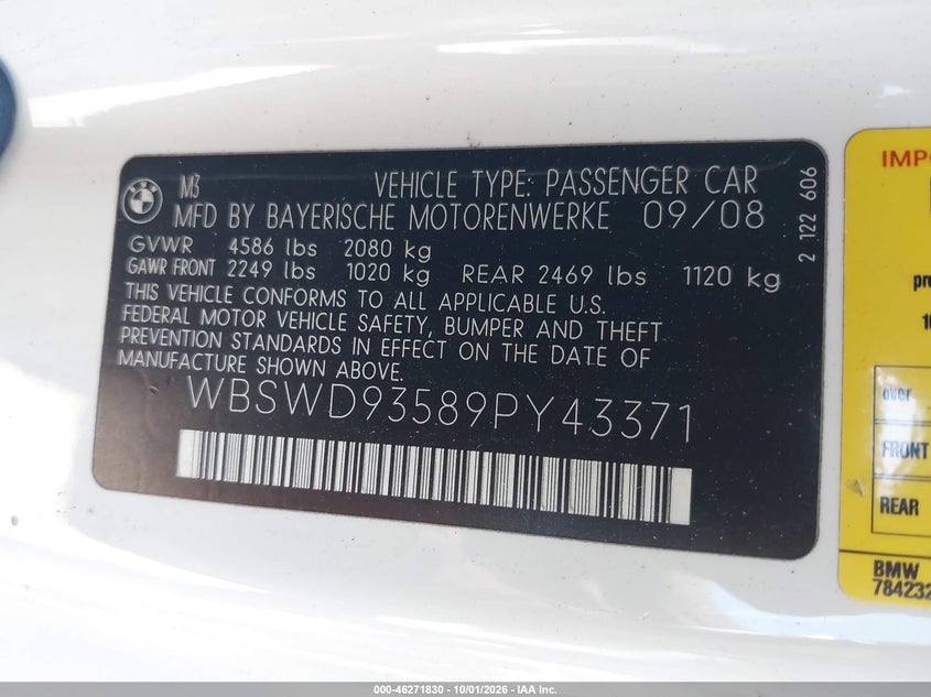 BMW M3 2009 VIN WBSWD93589PY43371
