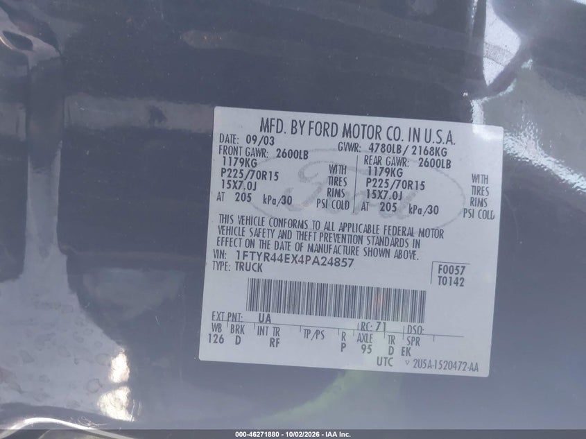 FORD RANGER 2004 VIN 1FTYR44EX4PA24857