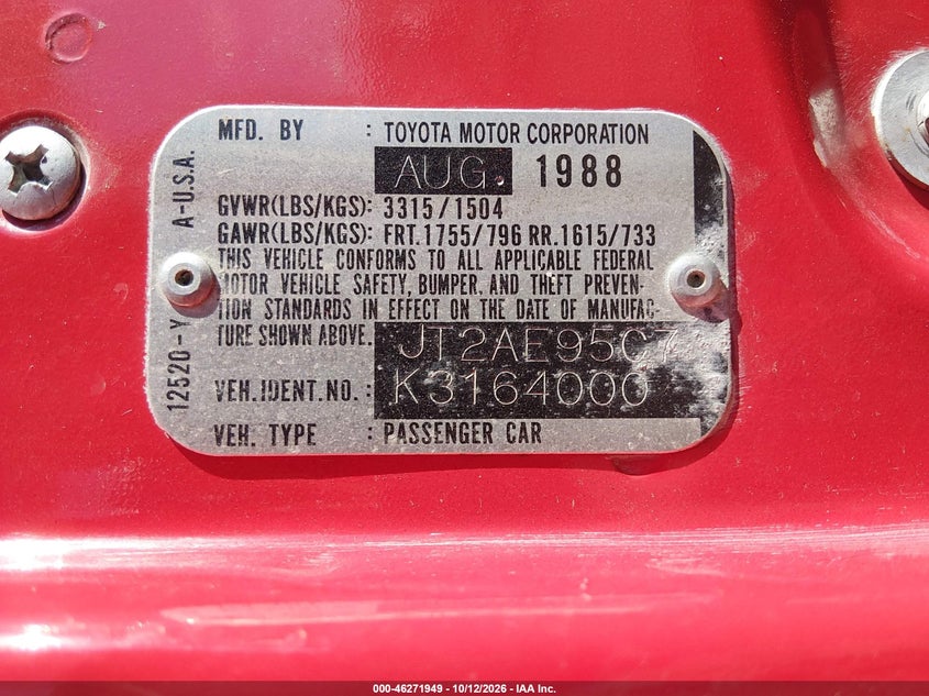 TOYOTA COROLLA 1989 VIN JT2AE95C7K3164000