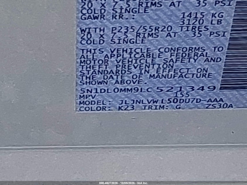 INFINITI QX60 2020 VIN 5N1DL0MM9LC521349