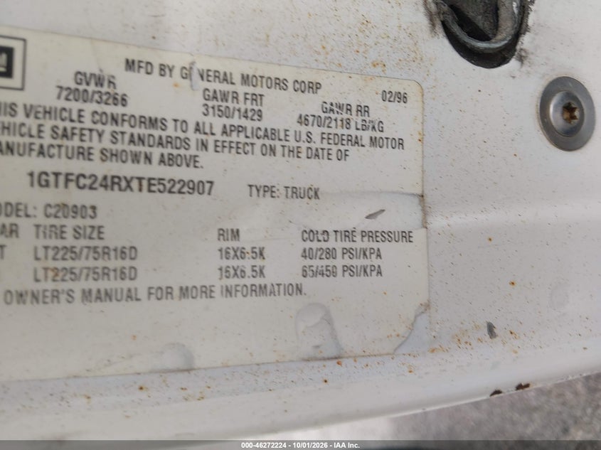 GMC SIERRA 1996 VIN 1GTFC24RXTE522907