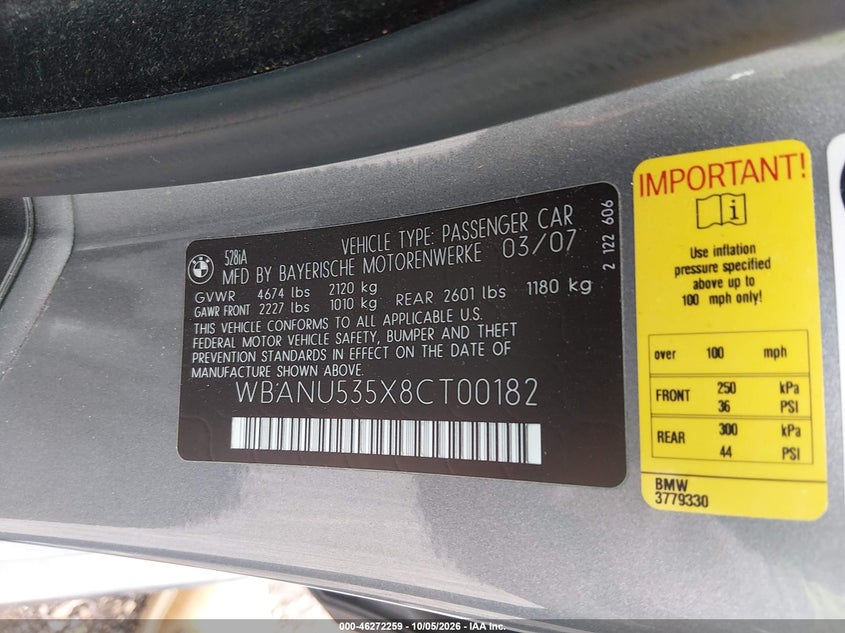 BMW 528I 2008 VIN WBANU535X8CT00182