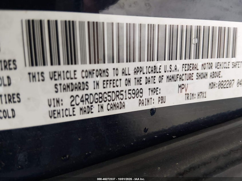 DODGE GRAND CARAVAN 2013 VIN 2C4RDGBG5DR515909
