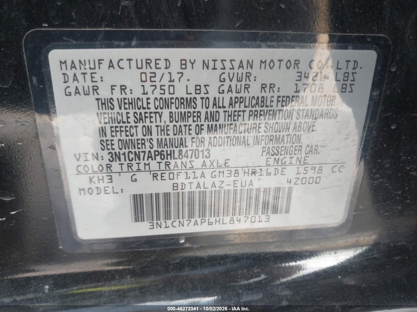 NISSAN VERSA 2017 VIN 3N1CN7AP6HL847013