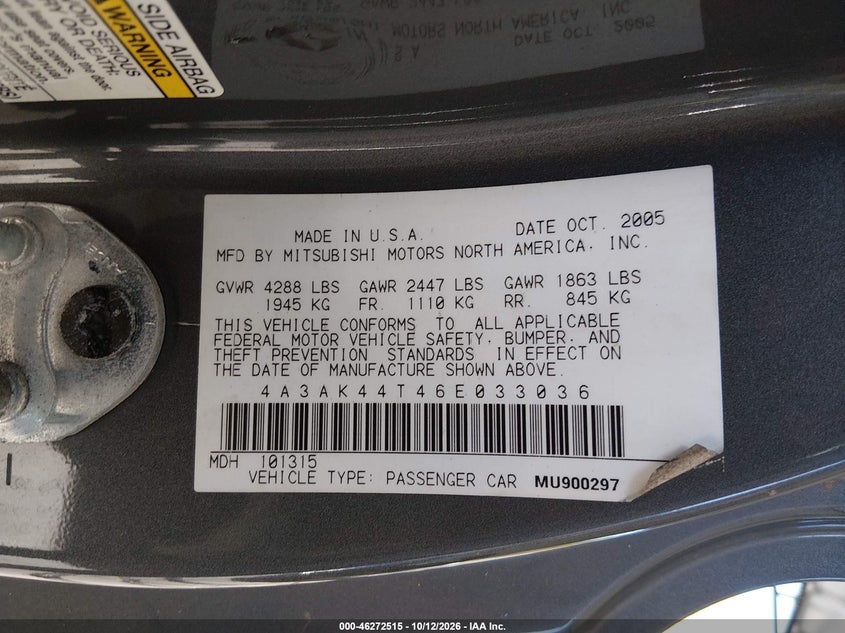 MITSUBISHI ECLIPSE 2006 VIN 4A3AK44T46E033036
