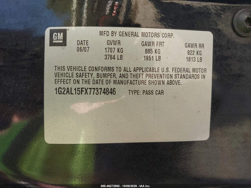 PONTIAC G5 2007 VIN 1G2AL15FX77374846