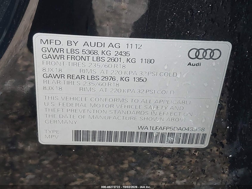 AUDI Q5 2013 VIN WA1LFAFP5DA043958