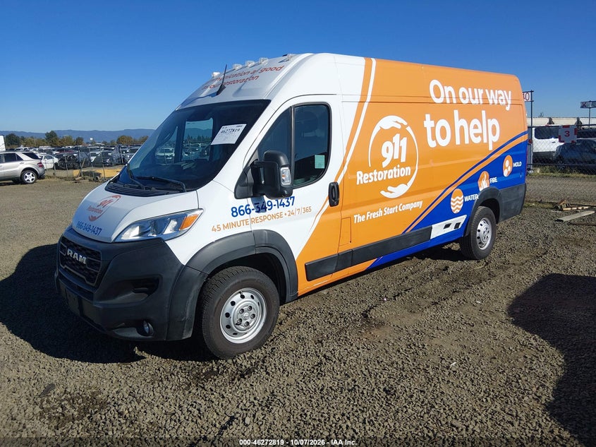 Vin: 3c6mrvjg1pe526324, lot: 46772936, ram promaster 3500 cargo van high roof 159 wb ext 20232