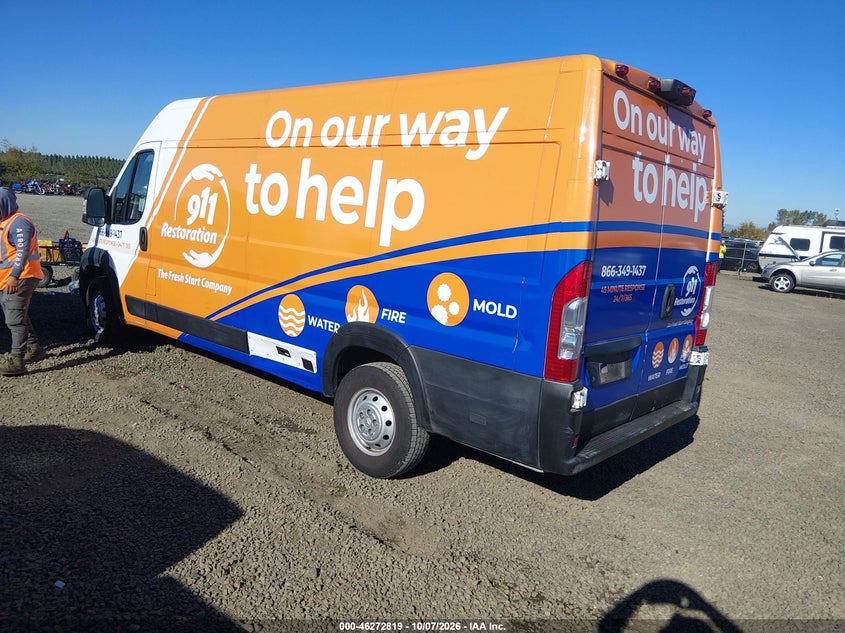 Vin: 3c6mrvjg1pe526324, lot: 46772936, ram promaster 3500 cargo van high roof 159 wb ext 20233